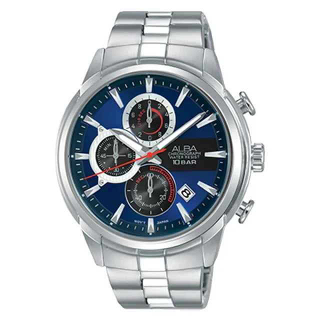 【ALBA】送禮首選 三眼計時男錶 不鏽鋼錶帶 藍 防水100米 日期顯示 分段時間(AM3511X1)