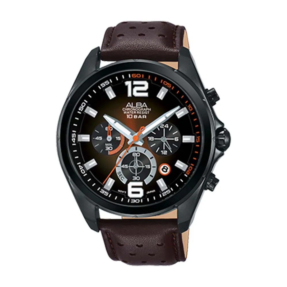 【ALBA】送禮首選 三眼計時男錶 皮革錶帶 漸層棕 防水100米 日期顯示 分段時間(AT3B55X1)