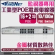 【KINGNET】監視器 16+2埠 工業型POE電源集線器 供電器 16+1埠 乙太網路交換器 網路供電換器(PoE Switch)