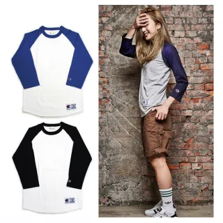 【Champion】美式拼接七分T 斜肩RAGLAN棒球T(男女可穿)