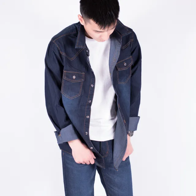 【KUPANTS】長版刷白牛仔襯衫刷色丹寧外套夾克男裝-藍黑8896