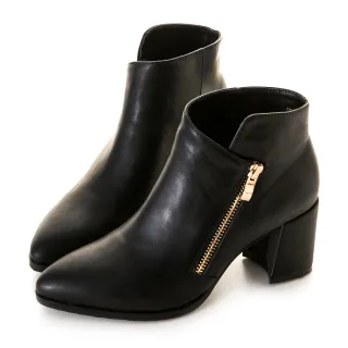 【amai】氣質拉鏈尖頭皮革粗跟短靴 中跟短靴 踝靴 短筒靴 百搭 英倫風 大尺碼 GW17-33BK(黑色)