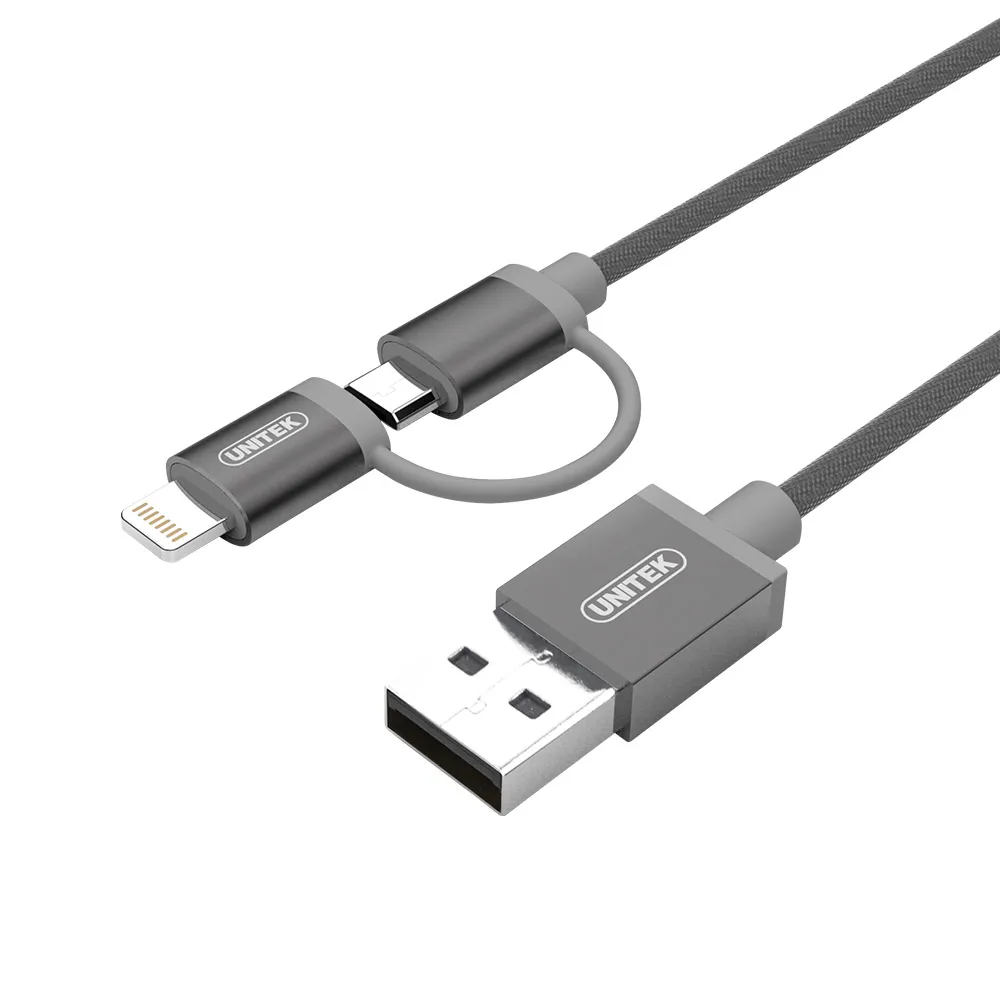 【UNITEK】官方授權Lightning& Micro USB二合一 2.4A充電傳輸線 灰色(Lightning Micro USB)