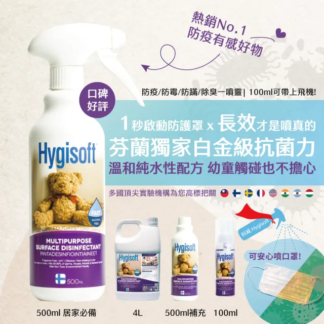 【芬蘭Hygisoft 科威】多用途表面殺菌消毒噴霧 - 500ml(媽媽推薦 防霉防蹣 遠離過敏)