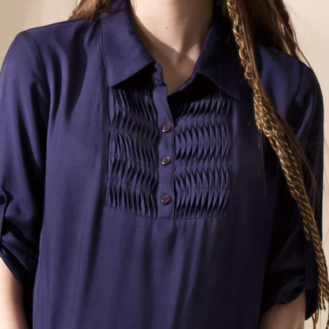【Gennies 奇妮】襯衫式抽繩綁帶七分袖長版上衣(紫G3412)