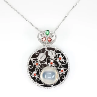 【寶石方塊】天然黑瑪瑙+月光石項鍊-簇錦團花-925銀飾