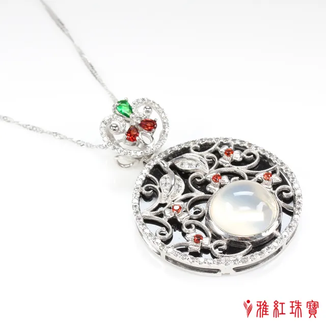 【寶石方塊】天然黑瑪瑙+月光石項鍊-簇錦團花-925銀飾