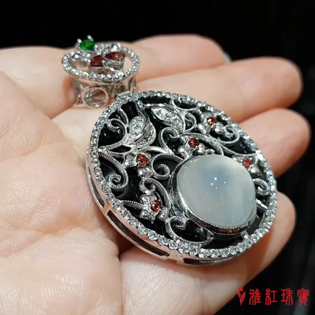 【寶石方塊】天然黑瑪瑙+月光石項鍊-簇錦團花-925銀飾