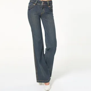【BOBSON】女款寬版腰頭大喇叭褲(藍9041-52)