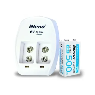 【iNeno】鎳氫9V角型充電電池9V/500max 1顆入+9V鎳氫專用充電器(BSMI認證/住警器 煙霧偵測器可用)