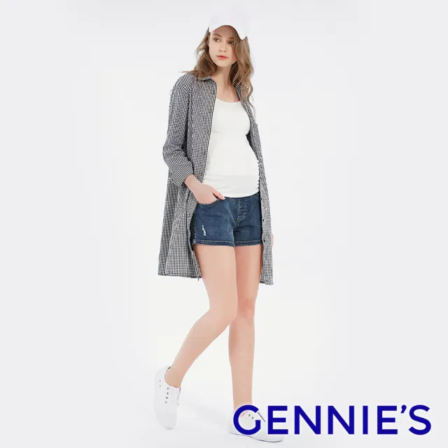 【Gennies 奇妮】格紋純棉長版襯衫外套-黑白格(孕婦裝 襯衫洋裝 舒適棉 雙口袋)