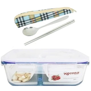 【Recona】長型分隔耐熱保鮮盒1400mlx1+格子餐具x1贈便當袋x1/便當盒/保鮮盒(3件隨機出貨)