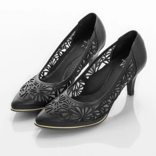 【DN】俐落時尚 質感簍空電雕真皮舒適跟鞋(黑)