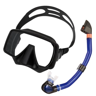【AQUATEC】SN-300乾式潛水呼吸管+MK-350 無框貼臉潛水面鏡 黑色矽膠 優惠組(潛水面鏡 潛水呼吸管)