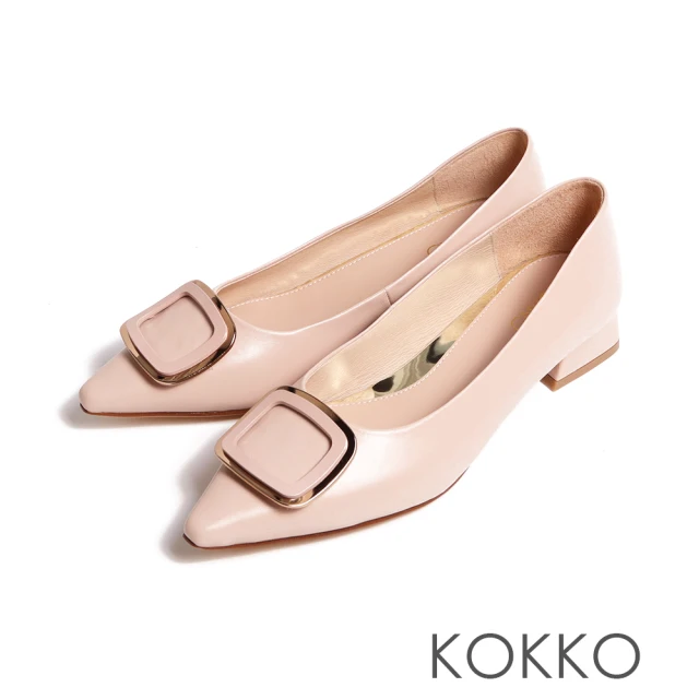 KOKKO 集團KOKKO 集團 KOKKO異材質方形飾扣典雅尖頭粗跟包鞋(裸膚色)