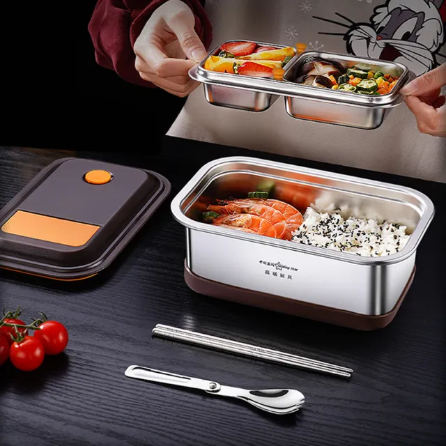 【PUSH!】餐具廚房用品 304不銹鋼可微波爐便當盒 雙層分格飯盒 餐盒 學生上班族便當盒(飯盒 便當盒 E188)