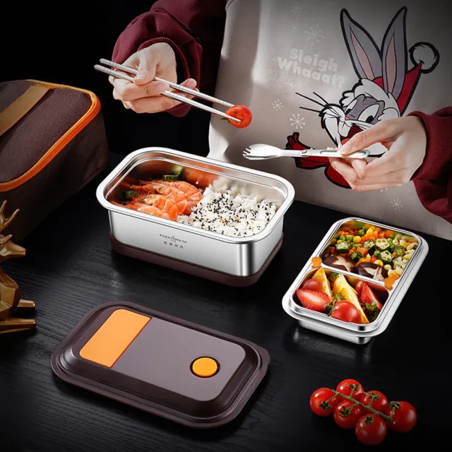 【PUSH!】餐具廚房用品 304不銹鋼可微波爐便當盒 雙層分格飯盒 餐盒 學生上班族便當盒(飯盒 便當盒 E188)