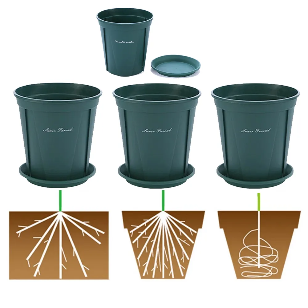 沐森Green Life】21cm綠色三入組青山盆底盤組塑膠花盆(4號#210控根盆