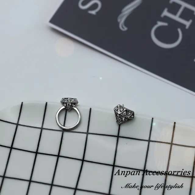 【Anpan】925銀針韓大門INS風立體鑽石戒指不對稱耳環