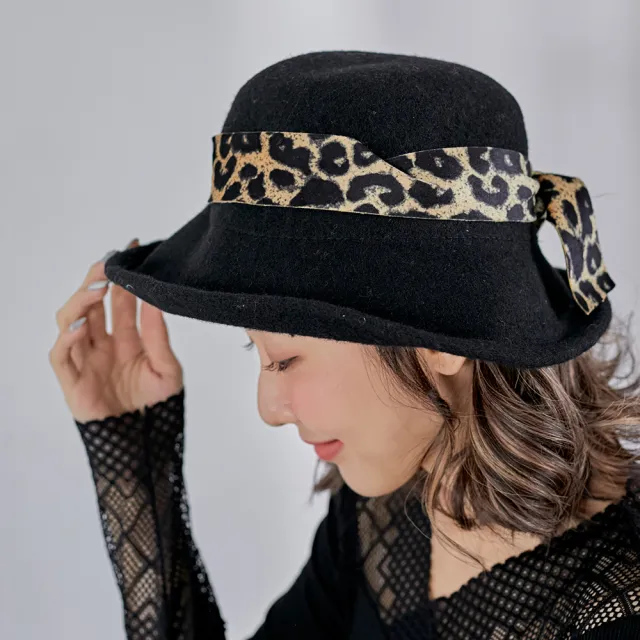【Wonderland】豹紋緞帶蝴蝶結帽(黑)