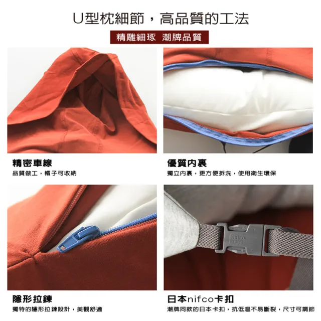 【在地人】日韓熱銷無印風U型連帽護頸枕(多色任選旅行枕 護頸枕 U型枕 飛機枕)