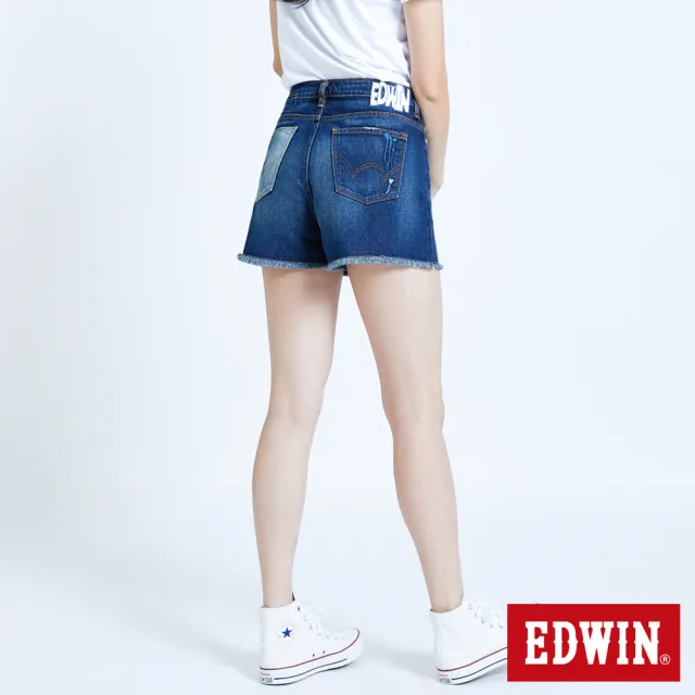 【EDWIN】女裝 拼貼破損加工短褲(中古藍)