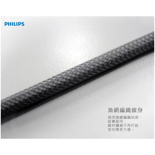 【Philips 飛利浦】USB to Type C 35cm防 彈絲手機充電線-灰(DLC4510A)