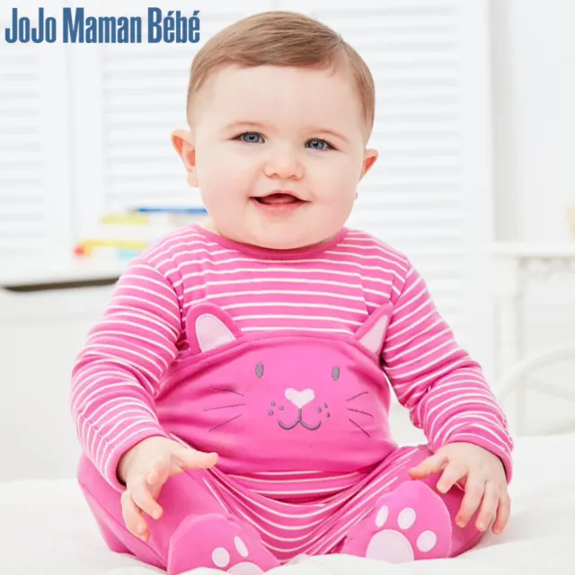 【JoJo Maman BeBe】嬰幼兒長袖純棉包腳連身衣_ 粉紅貓(JJGL-E1555)