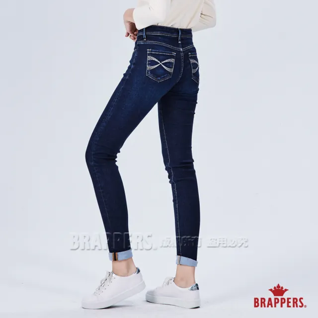 【BRAPPERS】女款 新美腳 ROYAL 系列-彈性中高腰後袋刺繡鑲鑽窄管褲(藍)