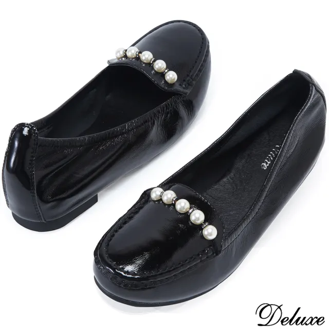 【Deluxe】優雅氣質低調奢華珍珠扣飾平底娃娃鞋(黑)