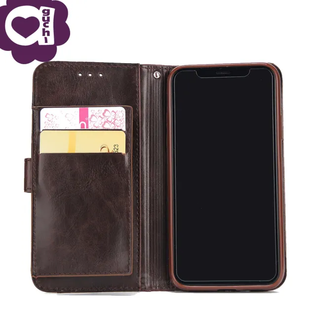 Apple iPhone X/Xs 頂級皮質瘋馬紋後扣皮套-棕粉桃