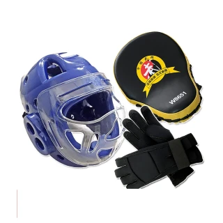 【輝武】全包式護頭面罩頭盔+五爪分離技擊手套+弧形手靶三件組(藍)
