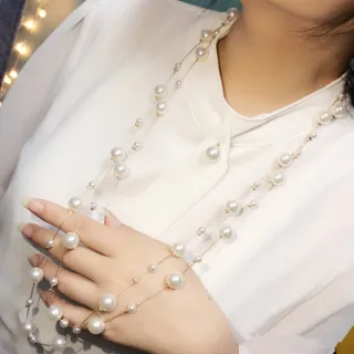 【Emi 艾迷】韓系浪漫女爵雙層珍珠毛衣鍊長項鍊