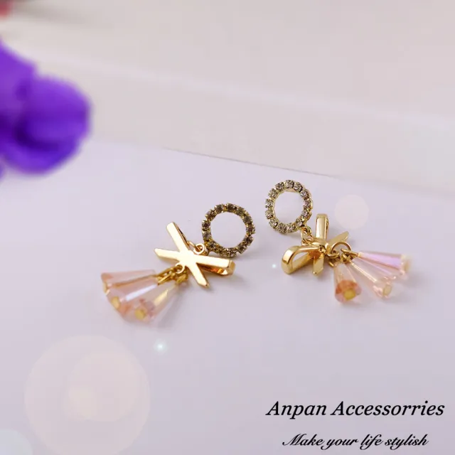 【Anpan】韓國時尚金屬蝴蝶結氣質流蘇水晶吊墜耳釘式耳環