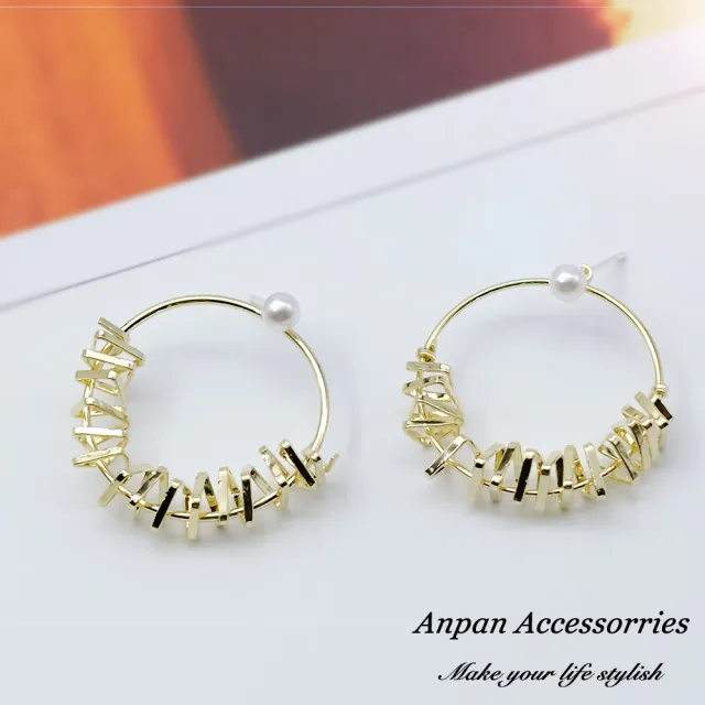 【Anpan】925銀針韓東大門NYU時尚後扣小珍珠金屬不規則圓形鏤空耳環