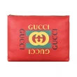 【GUCCI 古馳】GUCCI經典綠紅綠印花LOGO荔枝紋牛皮手拿化妝包(紅)