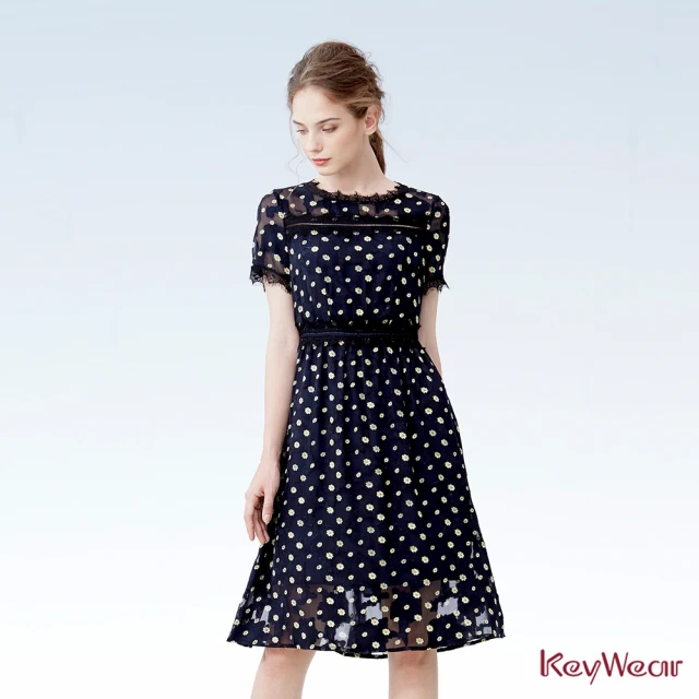 【KeyWear 奇威名品】時尚深藍花底短袖洋裝