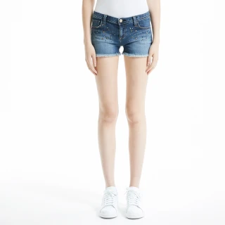 【BRAPPERS】女款 新美腳Royal系列-中低腰褲口不收邊鑲鑽熱褲(深藍)