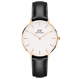 【Daniel Wellington】DW 手錶  Petite Sheffield 32mm爵士黑真皮皮革錶-玫瑰金框(DW00100174)