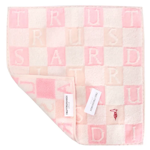 【TRUSSARDI】立體方格字母刺繡LOGO純綿方巾(粉紅色)