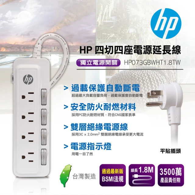 【HP 惠普】四切四座電源延長線(HP073GBWHT1.8TW)