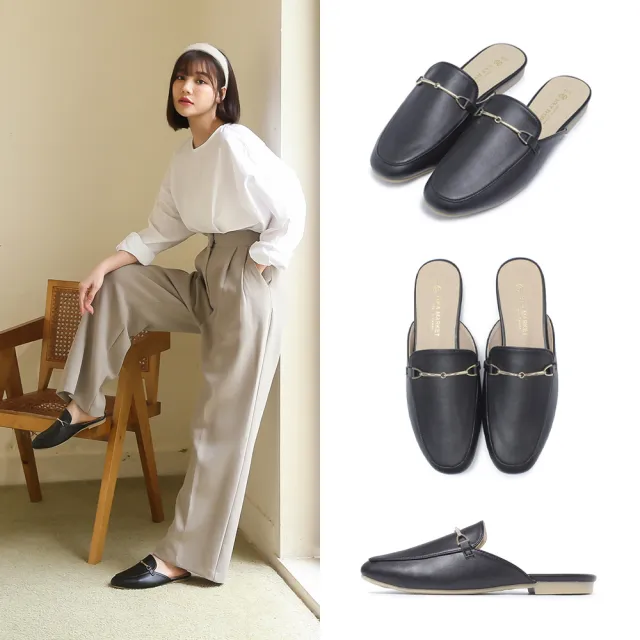 【FUFA Shoes 富發牌】英倫時尚馬銜扣平底穆勒鞋-黑 1PE66(女鞋/女懶人鞋/半拖鞋/通勤鞋)