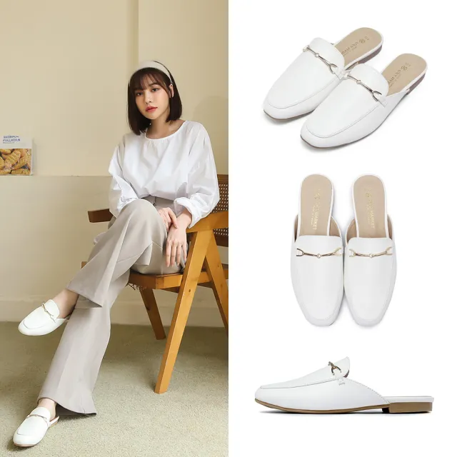 【FUFA Shoes 富發牌】英倫時尚馬銜扣平底穆勒鞋-白 1PE66(女鞋/女懶人鞋/半拖鞋/通勤鞋)