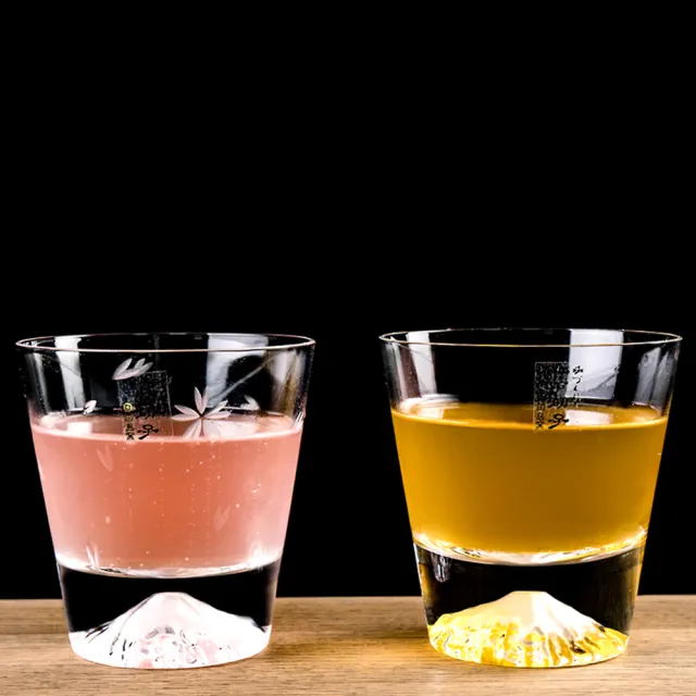 【田島硝子】日本手工吹製 富士山杯 威士忌杯+櫻花杯組 對杯 2入組(TG15-015-R+TG16-015-RS)