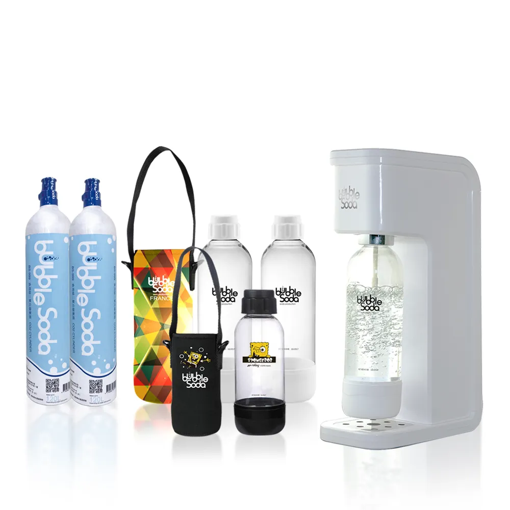 【法國BubbleSoda】節能免插電全自動氣泡水機-經典白大氣瓶BS-909KTB2(超值8件組)