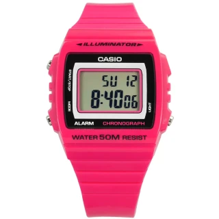 【CASIO 卡西歐】計時碼錶 LED照明 鬧鈴 電子數位 橡膠手錶 桃紅色 38mm(W-215H-4A)
