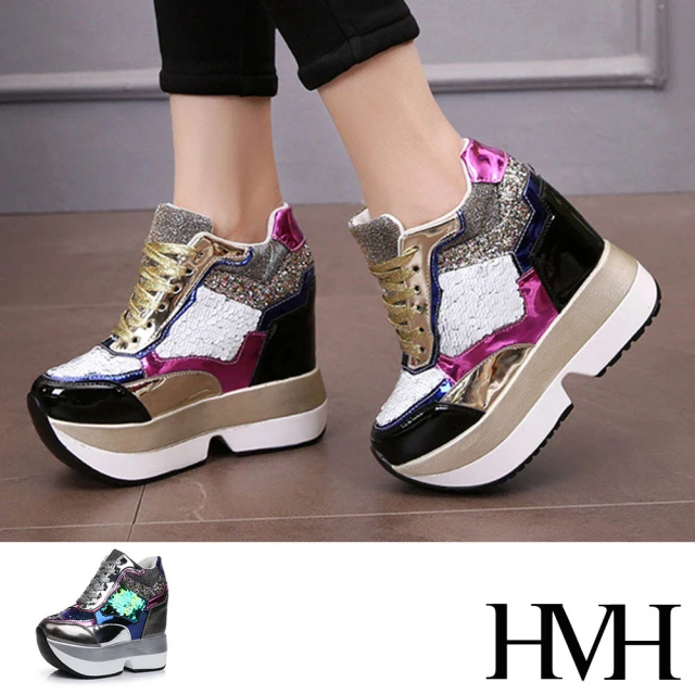 【HMH】璀璨變色亮片閃耀異材質拼接內增高厚底休閒鞋(2色任選)