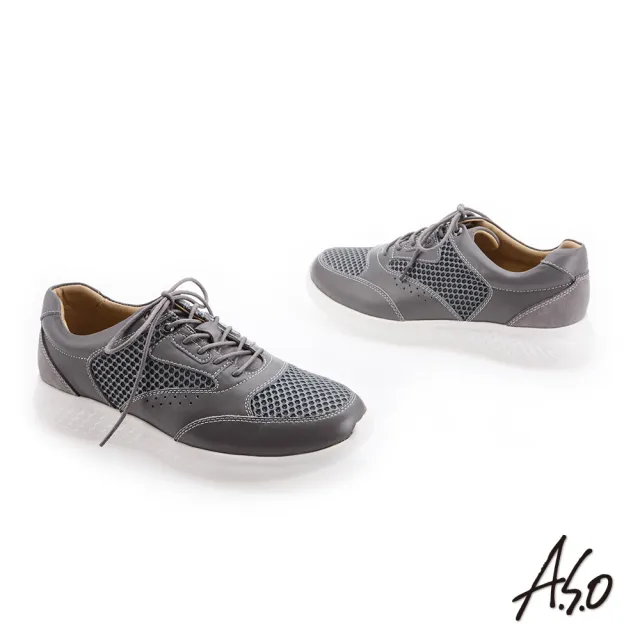 【A.S.O 阿瘦集團】活力雙核  心網布皮革拼接休閒鞋(灰色)