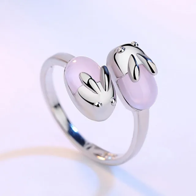 【I.Dear Jewelry】正白K-粉紅玉兔-玫瑰粉晶兔子造型可調節開口戒指(粉紅玉兔)