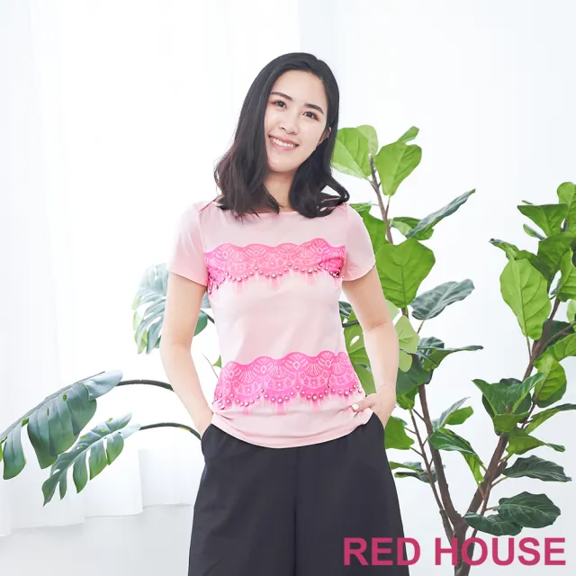 【RED HOUSE 蕾赫斯】蕾絲印花珠珠T恤(粉色)